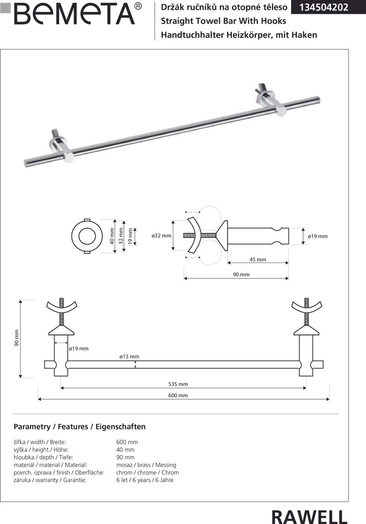 Bemeta Design RAWELL: Držiak uterákov na vykurovacie teleso, 535 mm, lesk - 134504202