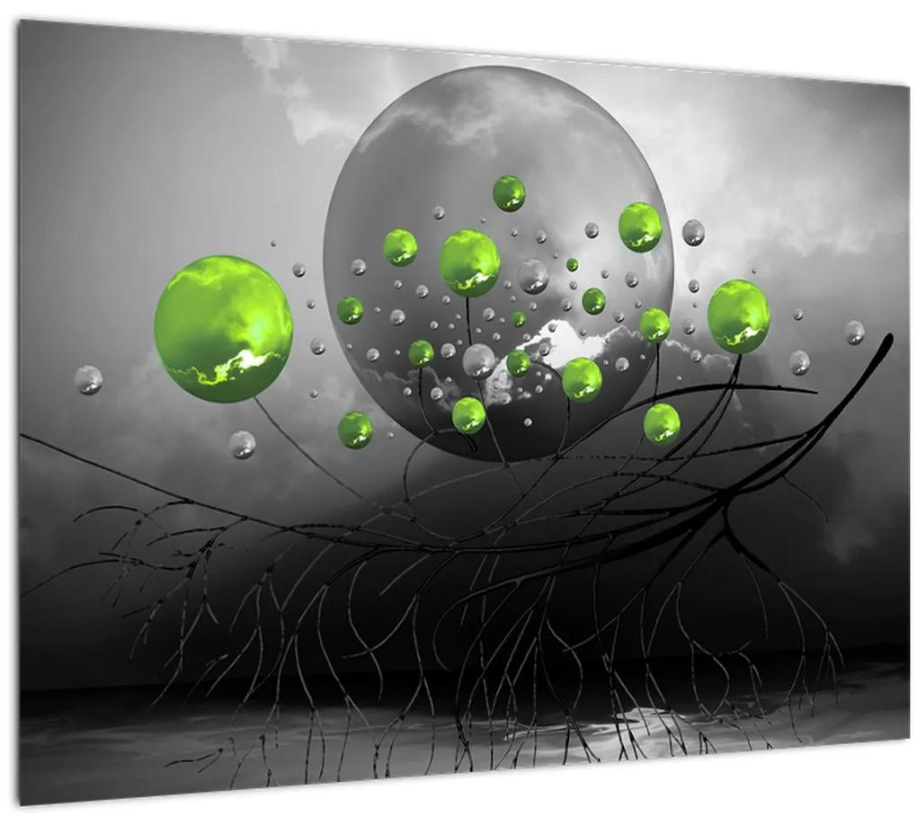 Sklenený obraz zelených abstraktných gulí (70x50 cm)