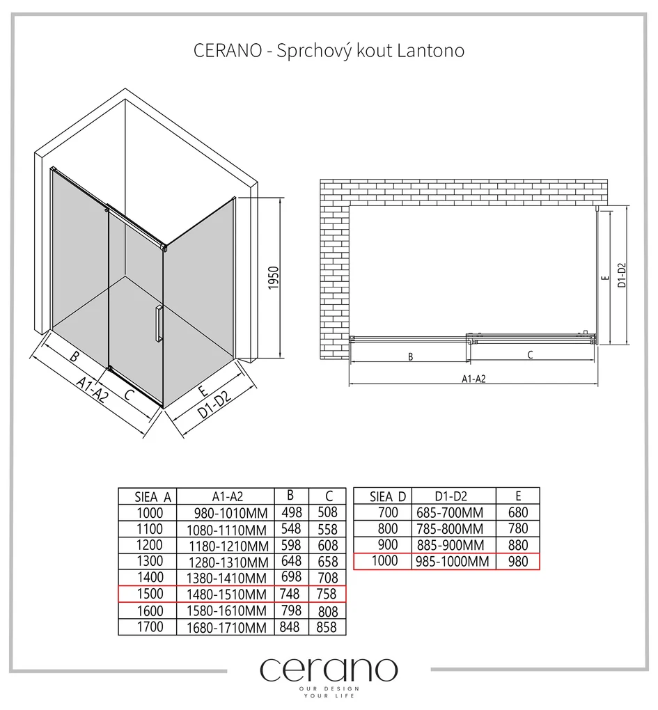 CERANO - Sprchovací kút Lantono L/P - 8 mm - čierna matná, grafitové sklo - 150x100 cm - posuvný, CER-CER-8050BD7530