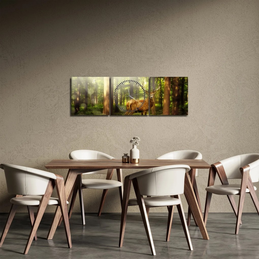 Obraz jeleňa v lese (s hodinami) (90x30 cm)