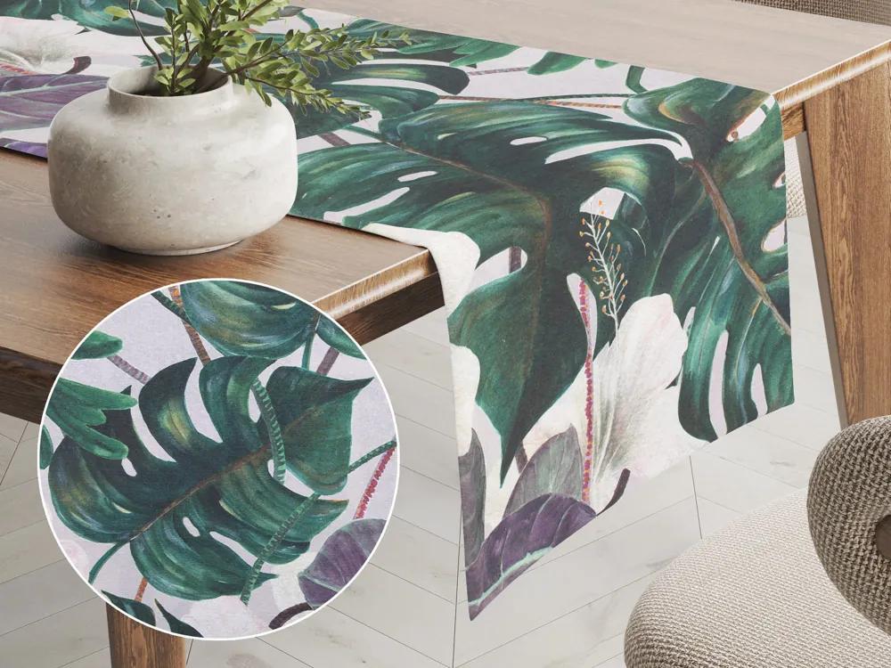 Biante Dekoračný behúň na stôl Leona LN-146 Tropické listy s kvetmi na režnom 35x140 cm