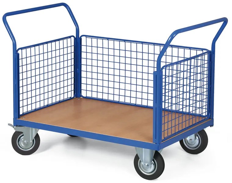 Plošinový vozík - 3 drôtené výplne, 1000x700 mm, nosnosť 300 kg, kolesá 160 mm s čiernou gumou