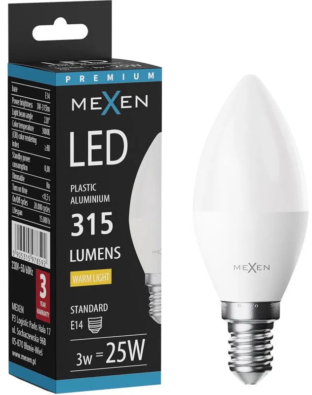 Mexen Nova, LED žiarovka E14, C37, 1W, teplá - 3000K, 105 lm - L102-E14-0130-01