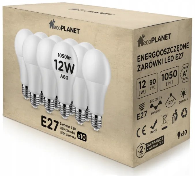 BERGE 10x LED žiarovka - ecoPLANET - E27 - 12W - 1050Lm - studená biela