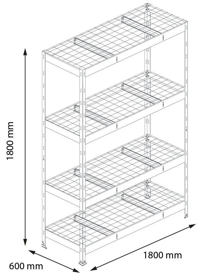 Bezskrutkový kovový regál RIVET, 180x180x60 cm, 4x sieťová drôtená polica, antracitová sivá