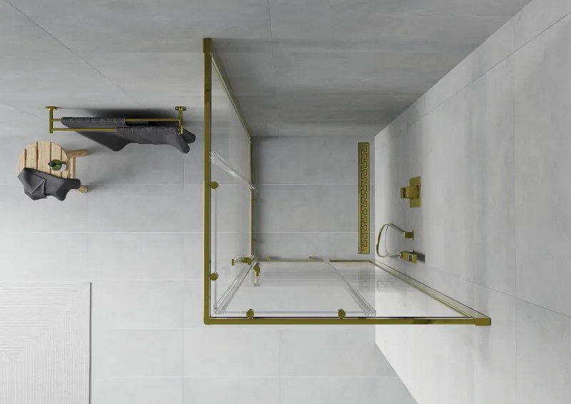 Mexen Rio, štvorcový sprchovací kút s posuvnými dverami 80(dvere) x 80(dvere) x 190 cm, 6mm číre sklo s pásikmi, zlatý profil, 860-080-080-50-20