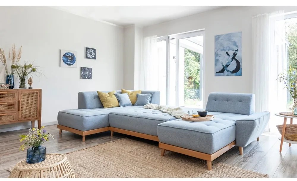 Svetlomodrá rozkladacia pohovka do "U" Miuform Dazzling Daisy, ľavý roh