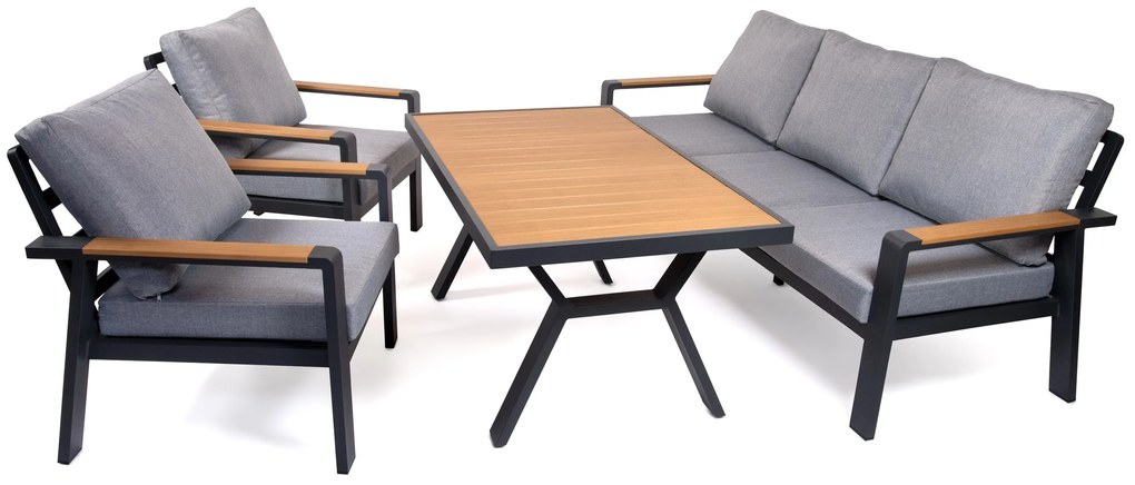 Hliníkový jedálenský nábytok EMOT 3 WPC antracit s tmavými poduškami