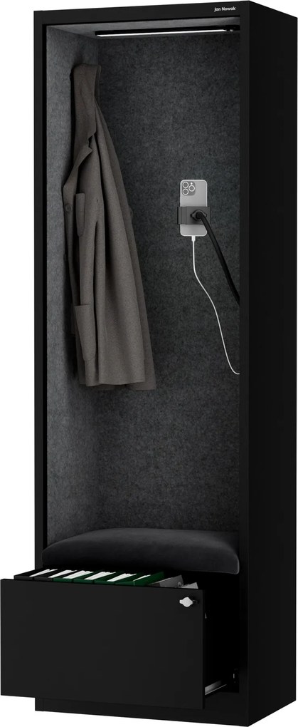 Kancelárska akustická kabína so sedadlom a portom USB-C, telo v čierny / sedák tmavosivá v zelenej farbe, 600 mm: SALLY MentalBox