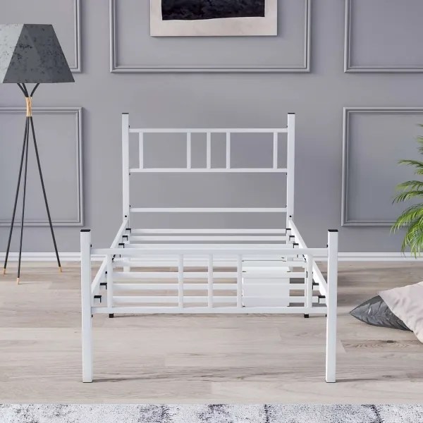 Kovová jednolôžková posteľ PIRON 90x200 cm biela nosnosť 120 kg