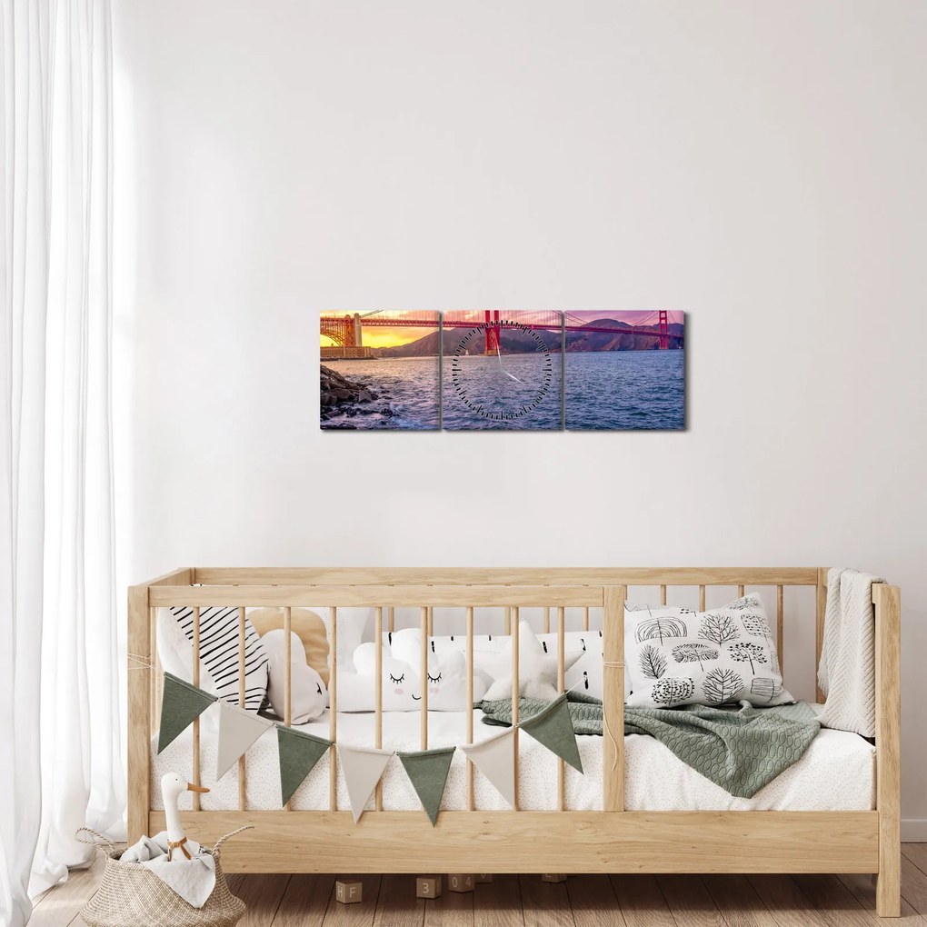 Obraz mosta pri západe slnka (s hodinami) (90x30 cm)