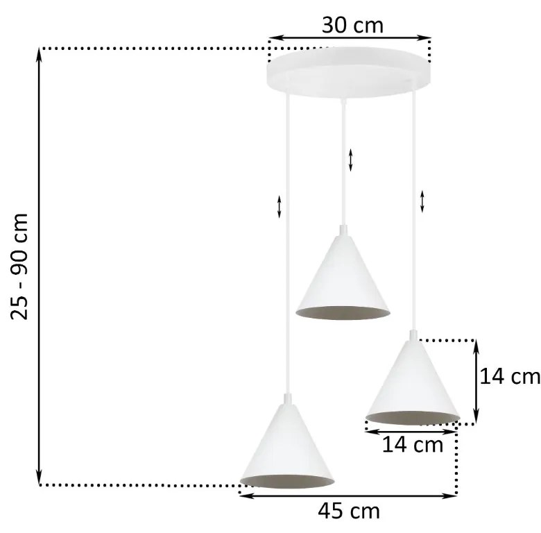 Závesné svietidlo Soho, 3x biele kovové tienidlo, (fi 14cm), o