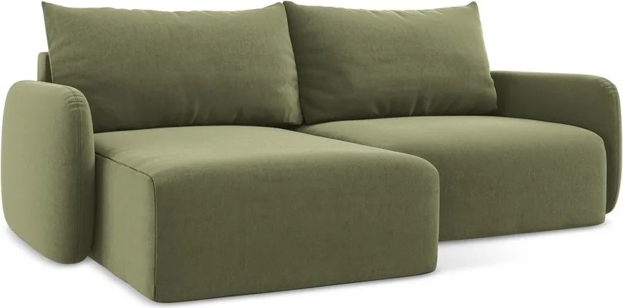 Zelená zamatová rozkladacia/s úložným priestorom rohová pohovka (ľavý roh/s leňoškou) Kalena – Makamii