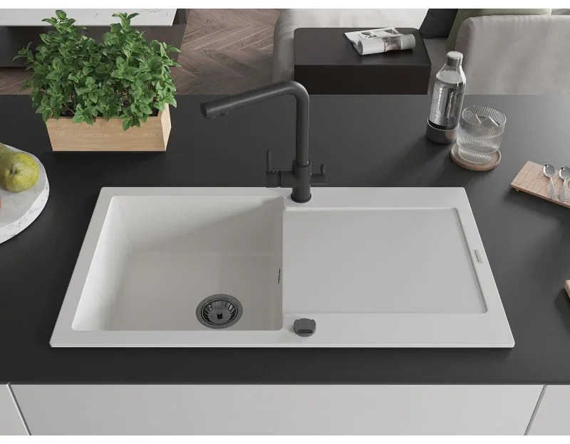 Mexen Leo, drez granitový 900x500x190 mm, 1-komorový a čierna batéria Duero, biela, 6501-20-671600-70