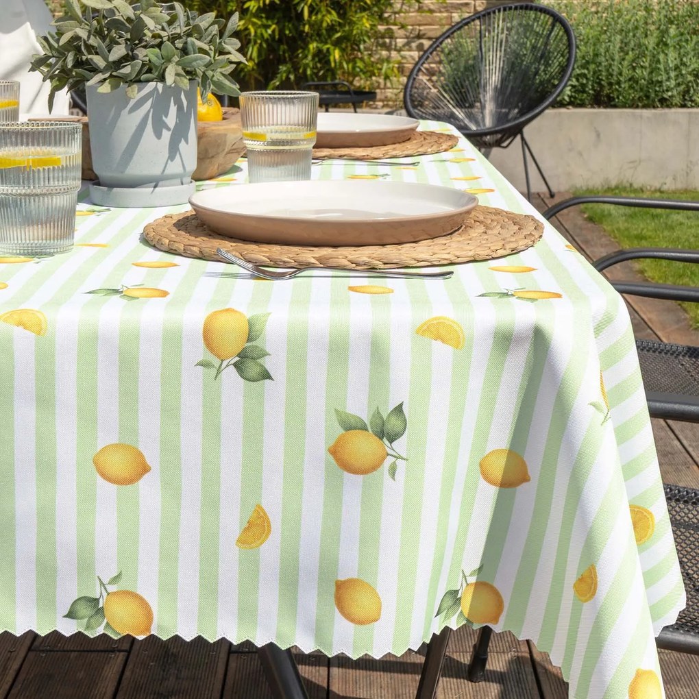 Goldea hranatý teflónový obrus - zelené prúžky s citrónmi 100 x 100 cm