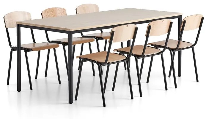 Jedálenská zostava JAMIE + WILSON, 1 stôl + 6 stoličiek, breza, čierna