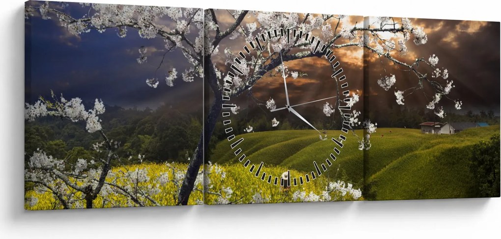 Obraz - Rozkvitnutý strom v krajine (s hodinami) (90x30 cm)