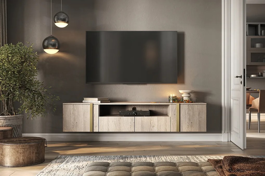 Závesná TV skrinka Verica 200 cm s otvorenou policou - dub piškótový / zlaté úchytky