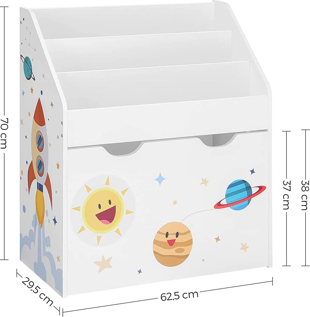 Detský organizér na knihy s úložným boxom na hračky, biely s vesmírnym motívom