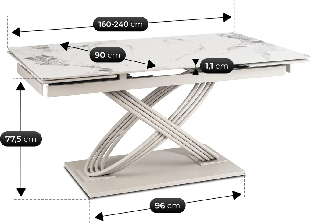 Vintino Rozkladací stôl RONNY 160–240 cm Biely mramor / kašmír