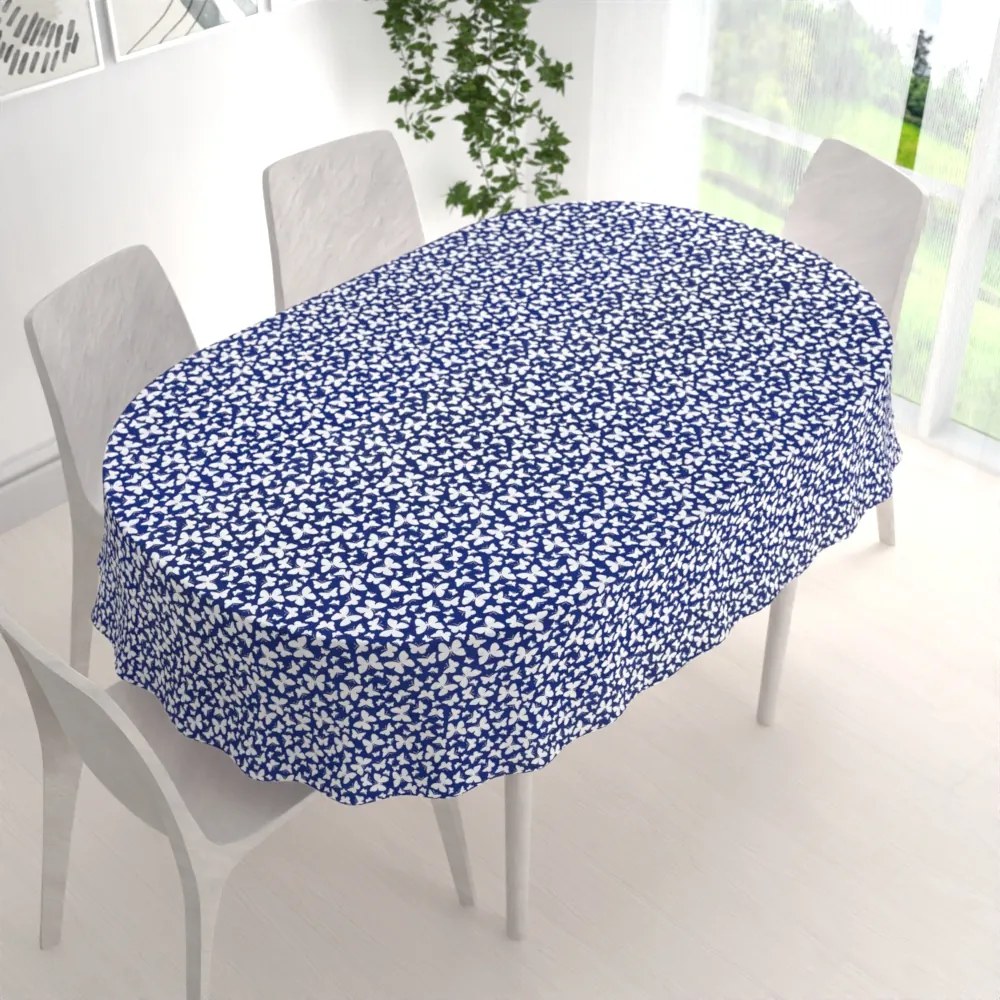 Biante Bavlnený oválny obrus Sandra SA-376 Biele motýliky na modrom 140x180 cm