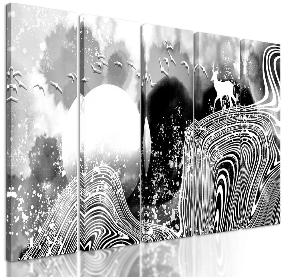 5-dielny obraz abstrakcia prírody  v čiernobielom prevedení