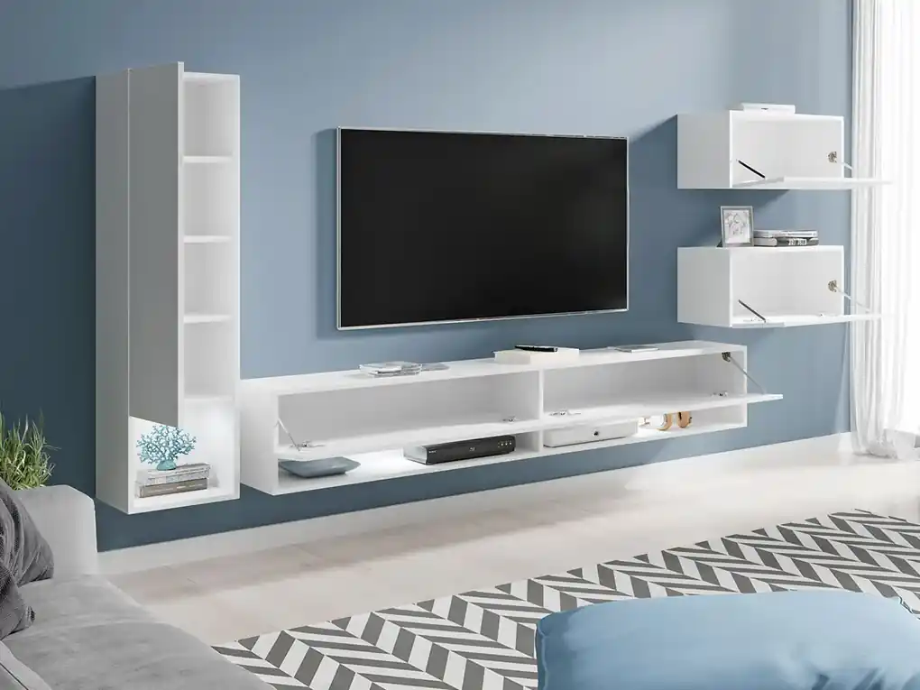 Moderná obývacia stena Amenity, biela/biely lesk + LED podsvietenie | BIANO