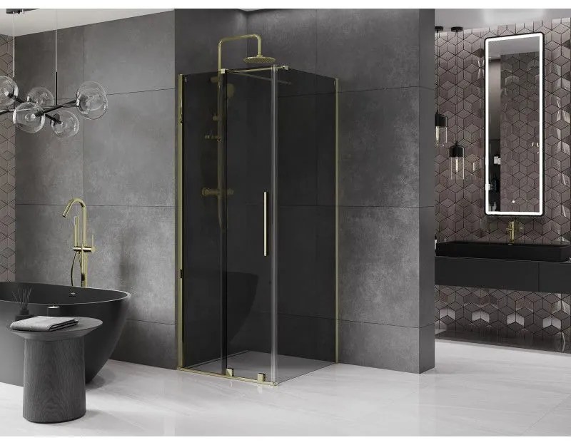 Mexen Velar, sprchový kút s posuvnými dverami 100 x 100 cm, 8mm šedé sklo, zlatá lesklá, 871-100-100-41-50