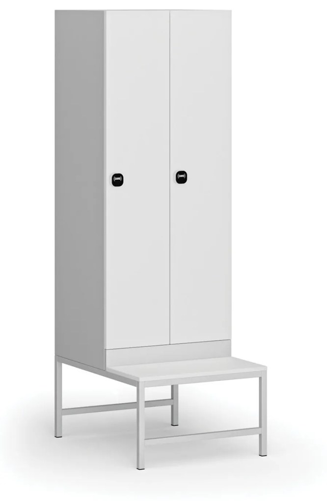 Šatníková skrinka s lavičkou, 2 oddiely, 1875 x 600 x 500/800 mm, zámok s čítačkou RFID kariet, laminované dvere, biela