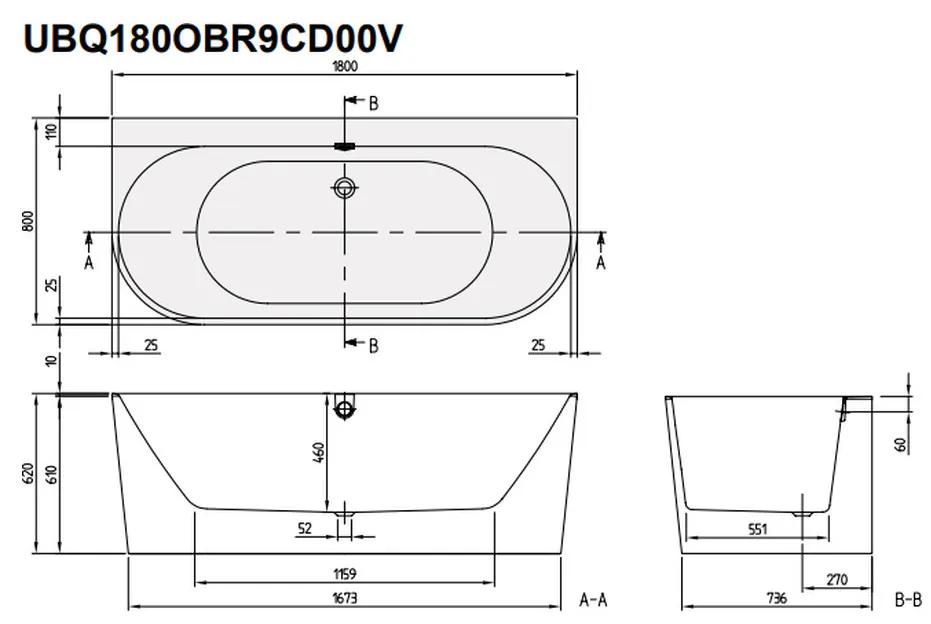 Villeroy & Boch Oberon 2.0 Duo - Vaňa pre pristavenie ku stene 1800x800 mm, Quaryl, vrátane odpadu a prepadu, alpská biela UBQ180OBR9CD00V…
