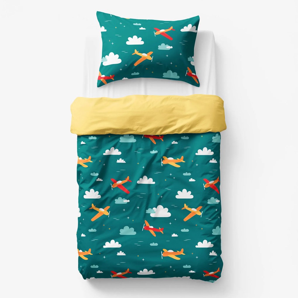 Goldea detské bavlnené obliečky duo - letecké dobrodružstvo so žltou 140 x 200 a 70 x 90 cm
