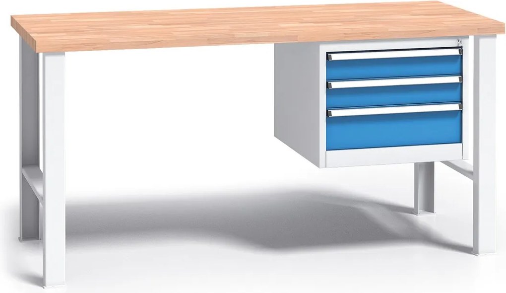 Pracovný stôl do dielne G3 so závesným boxom na náradie, buková škárovka, 3 zásuvky, pevné kovové nohy, 1500 mm, modrá