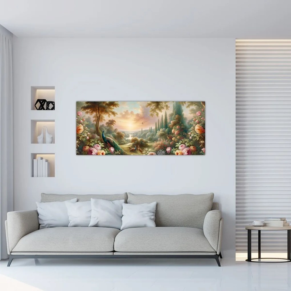 Obraz - Pávy v záhrade (120x50 cm)