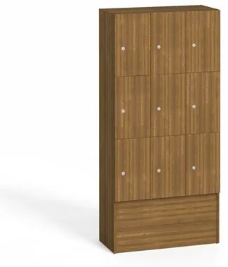Drevená odkladacia skrinka s úložnými boxami, 9 boxov, 1700 x 900 x 420 mm, cylindrický zámok, orech