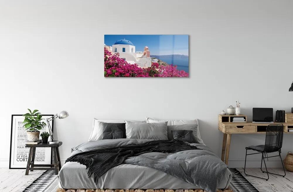Sklenený obraz Grécko kvety morské stavby 120x60 cm
