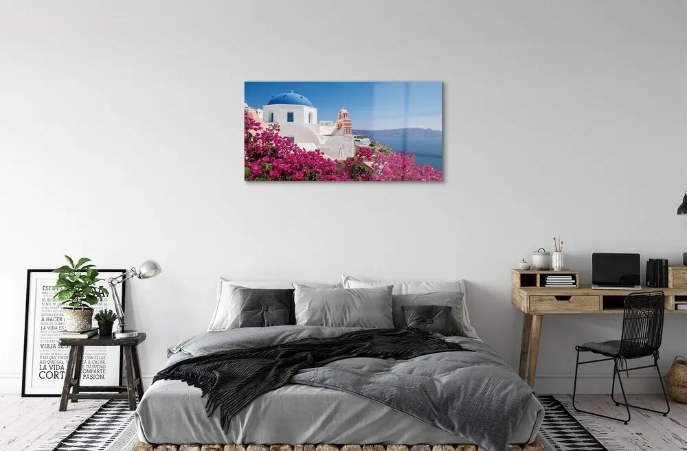 Sklenený obraz Grécko kvety morské stavby 140x70 cm
