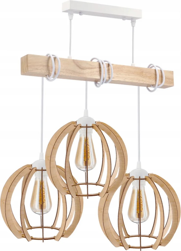 BERGE LED závesné stropné svietidlo, drevené, biele, 3xE27, vzácna guľa