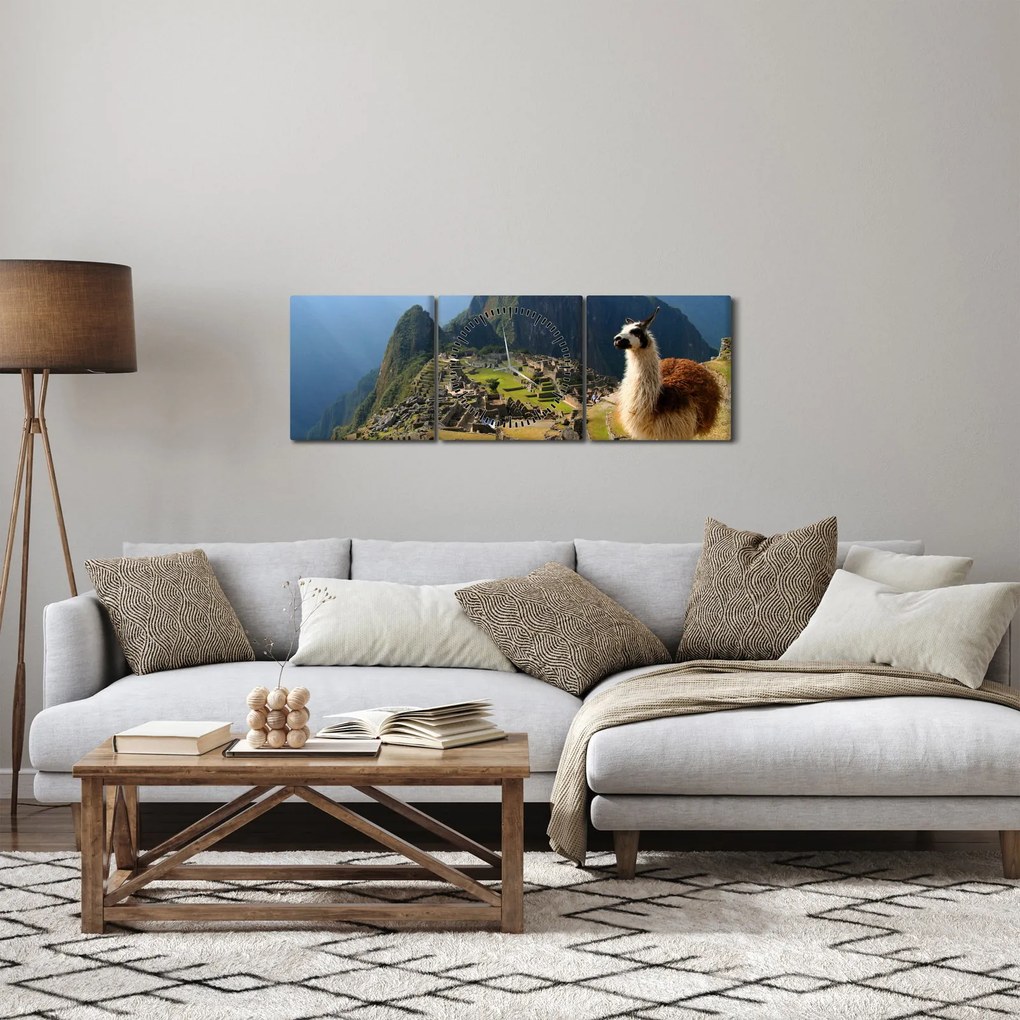 Obraz - Lama a Machu Picchu (s hodinami) (90x30 cm)