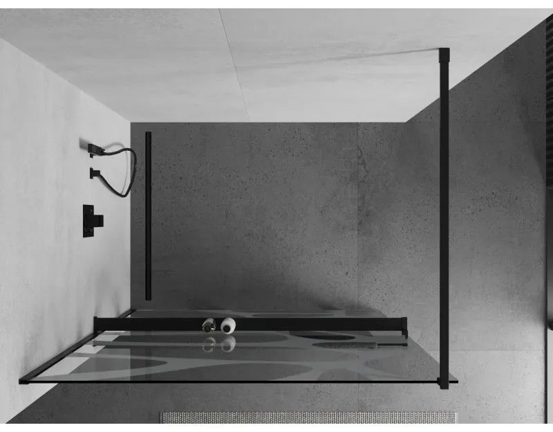 Mexen Kioto+, sprchová zástena s poličkou a držiakom na uteráky 120 x 200 cm, 8mm sklo číre sklo vzor biely, čierny profil, 800-120-121-70-97