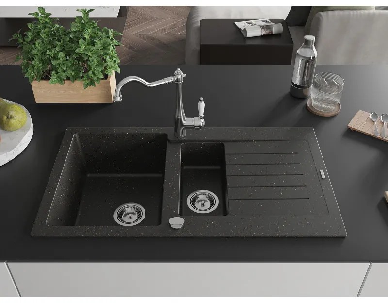 Mexen Matias, granitový drez 900x505x200 mm, 1,5-komorový a drezová batéria Carla, čierna-zlatá metalíza, 6502-75-670700-00