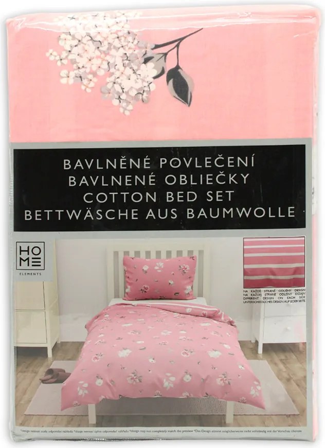 HOME ELEMENTS Bavlnené obliečky na jednolôžko, obojstranné, Kvetiny, ružové