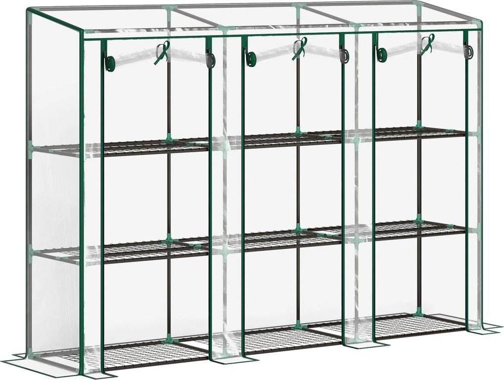Outsunny Malý Zelený Domček Na Rastliny Vonkajší Skleník s 3 Úrovňami Políc a Zipsovými Bránami, Oceľový Rám, Rozmery 215x46x151 cm, Priesvitný | Aoso
