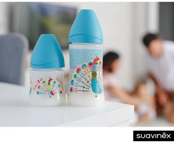 SUAVINEX - fľaša Guľatý c. silikón 360 ml - modrý páv
