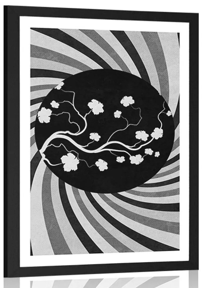 Plagát s paspartou ázijské grunge pozadie v čiernobielom prevedení - 30x45 white