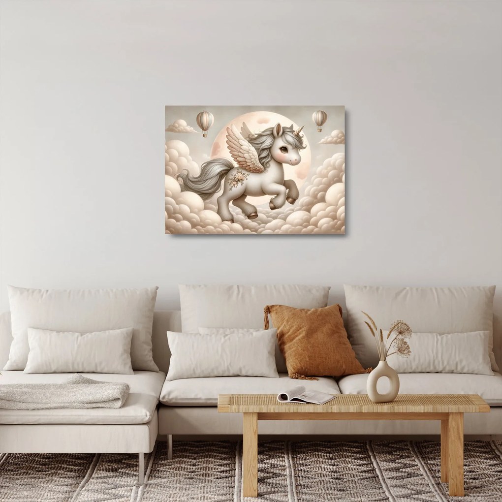 Sklenený obraz - Jednorožec v oblakoch (70x50 cm)