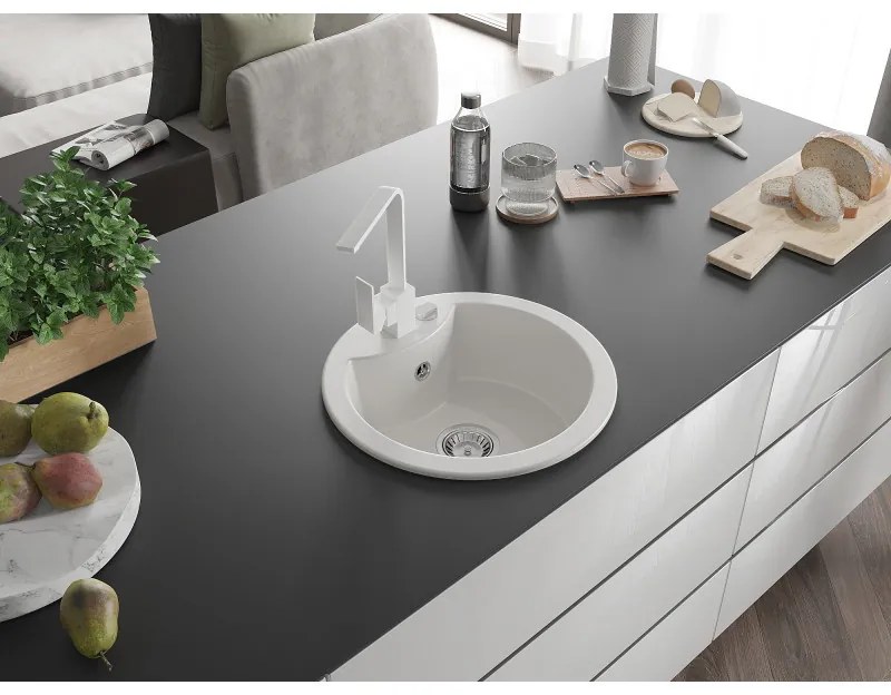 Mexen Diego, 1-komorový granitový drez 488x488x167 mm, chrómový sifón, biela matná batéria Rita, biela, 6512-20-670300-20