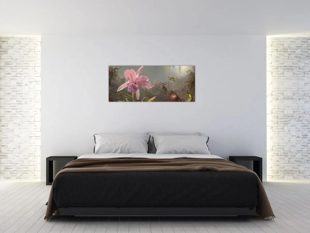 Obraz - Martin Johnson Heade, Cattleya Orchid and Three Hummingbirds, reprodukcia (120x50 cm)