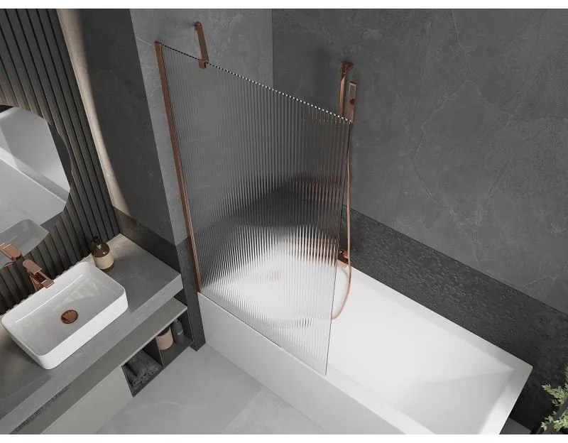 Mexen Next, vaňová zástena 1-krídlová 90 x 150 cm, fixné krídlo, 6 mm sklo s pruhmi, ružové zlato profil, 895-090-000-00-09-60