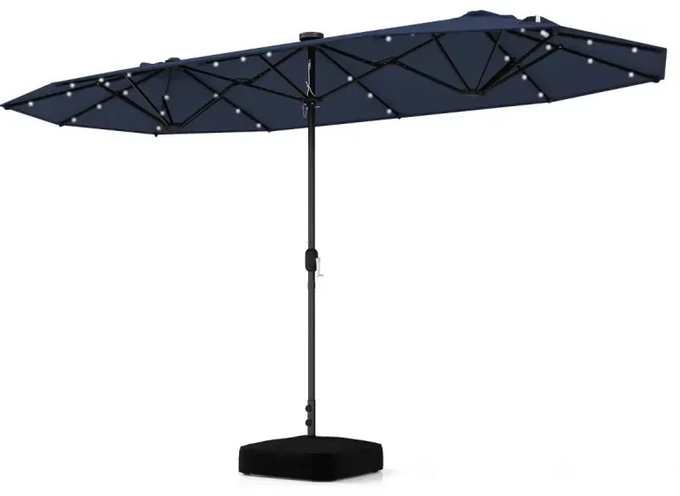 Dvojitý slnečník so stojanom, LED svetlami a UPF 50+, veľký slnečník 400 x 200 cm, námornícka modrá
