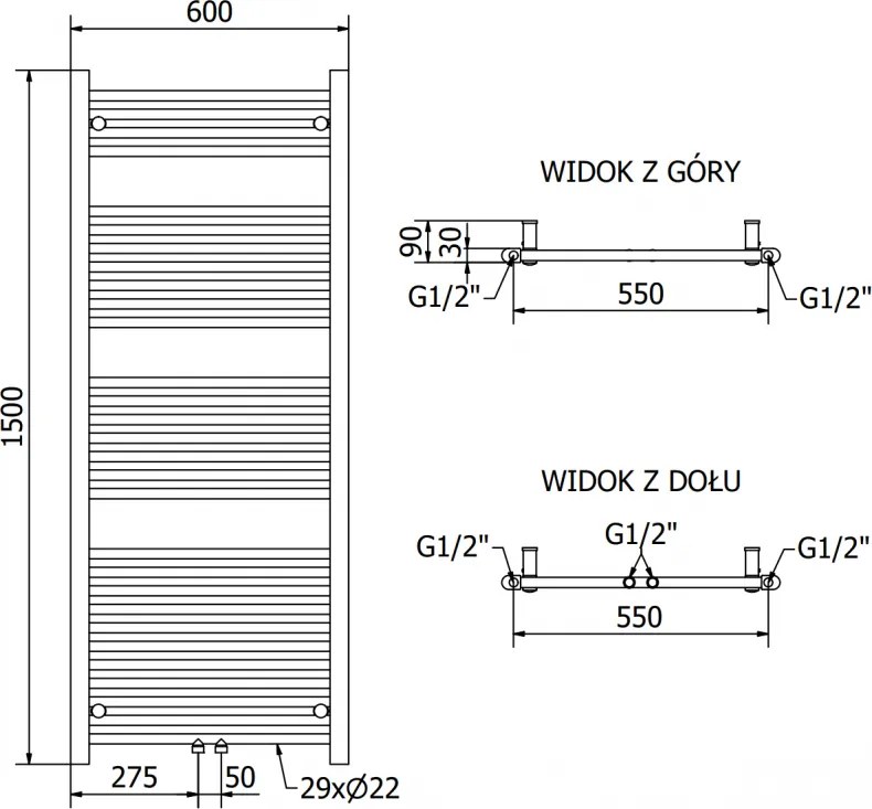 Mexen Mars, elektrické vykurovacie teleso 1500x600 mm + vykurovacia tyč 600 W, chrómová, W110-1500-600-2600-01